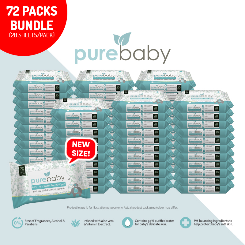 Pure Baby 99% Pure Water Travel Wet Wipes Carton Deal (3x20sx24pk)